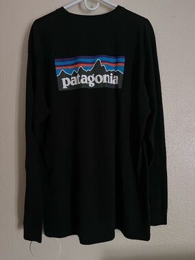 Patagonia Black Long-Sleeve Logo Tee with Multicolor Stripe